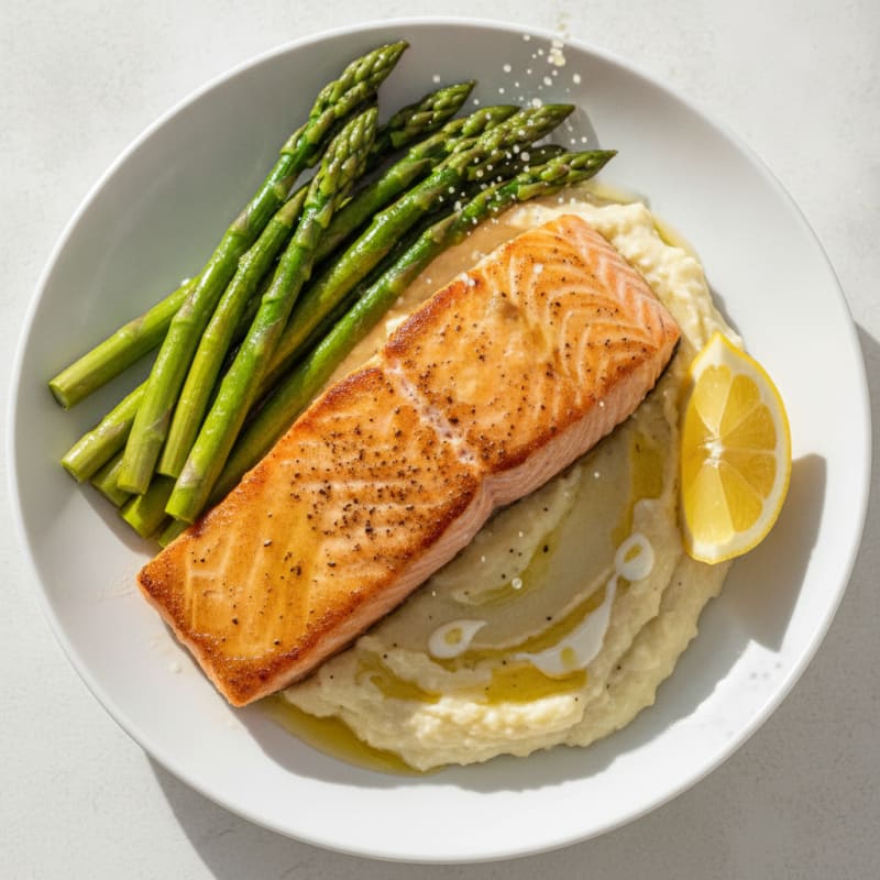 Seared Salmon with Steamed Asparagus and Garlic Cauliflower Mash