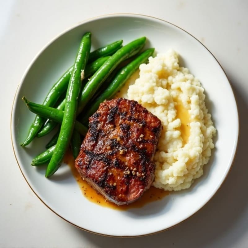 Seared Lean Beef with Steamed Green Beans and Cauliflower Mash