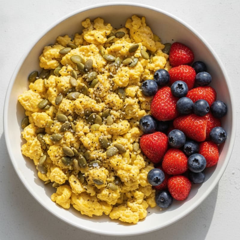 Seed-Powered Scrambled Eggs with Fresh Fruit