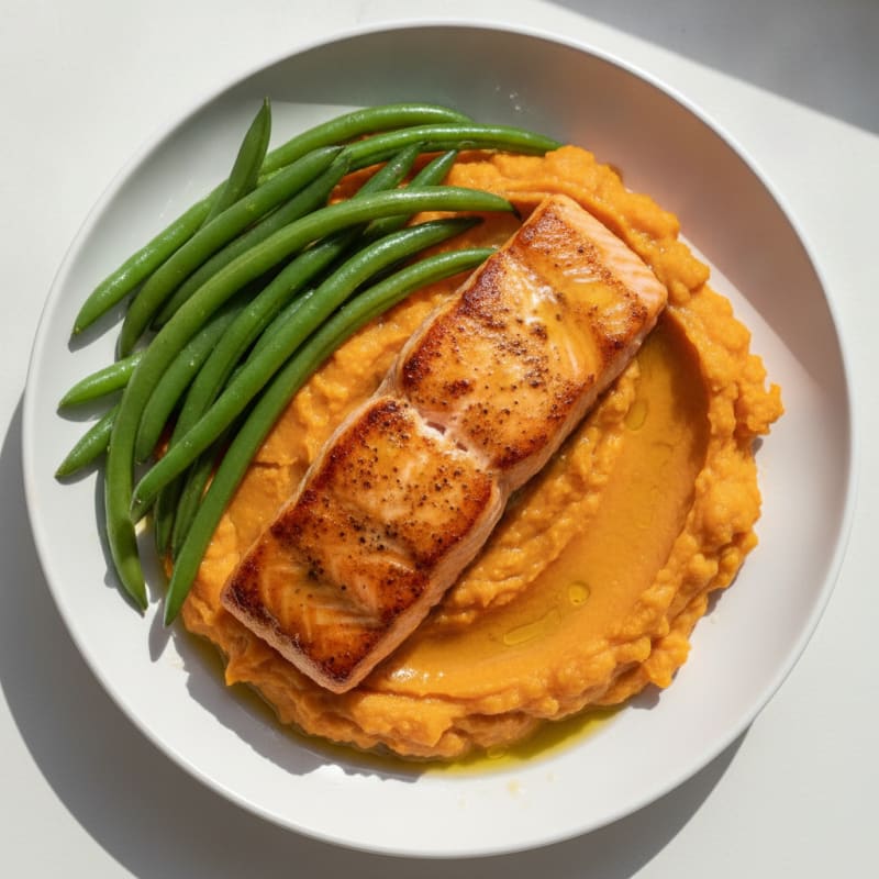 Seared Salmon with Steamed Green Beans and Sweet Potato Mash