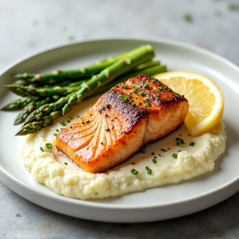 Seared Salmon with Steamed Asparagus and Cauliflower Mash