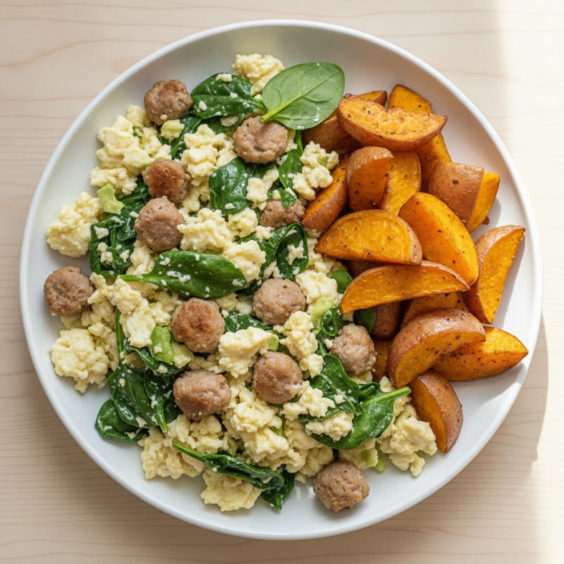 Egg White and Turkey Sausage Scramble with Spinach and Roasted Sweet Potatoes