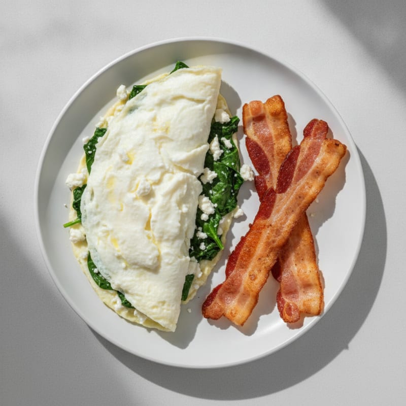 Egg White Spinach Omelette with Feta and Turkey Bacon