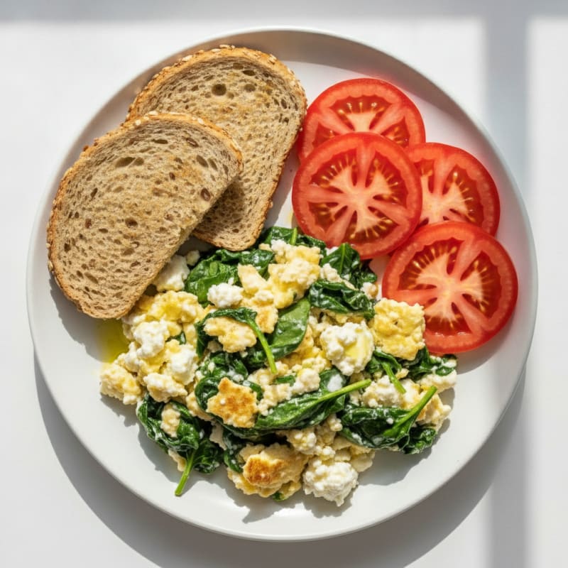 Egg White Spinach Scramble with Cottage Cheese and Sliced Tomatoes
