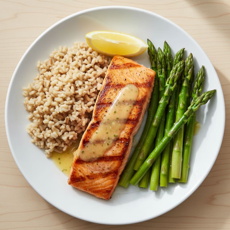 Seared Salmon with Steamed Asparagus and Brown Rice