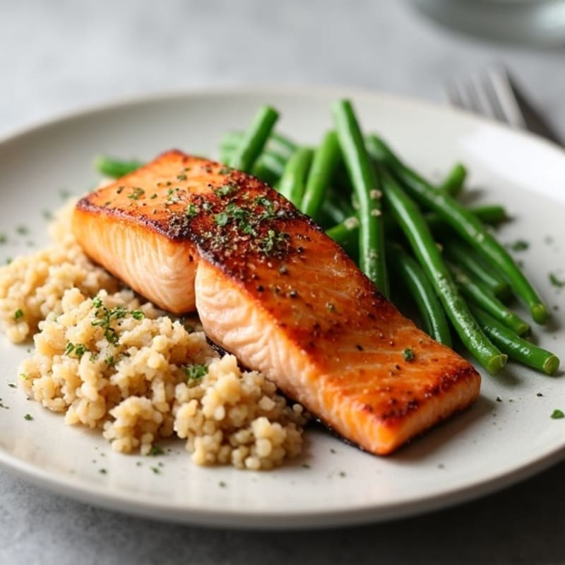 Seared Salmon with Garlic Green Beans and Brown Rice