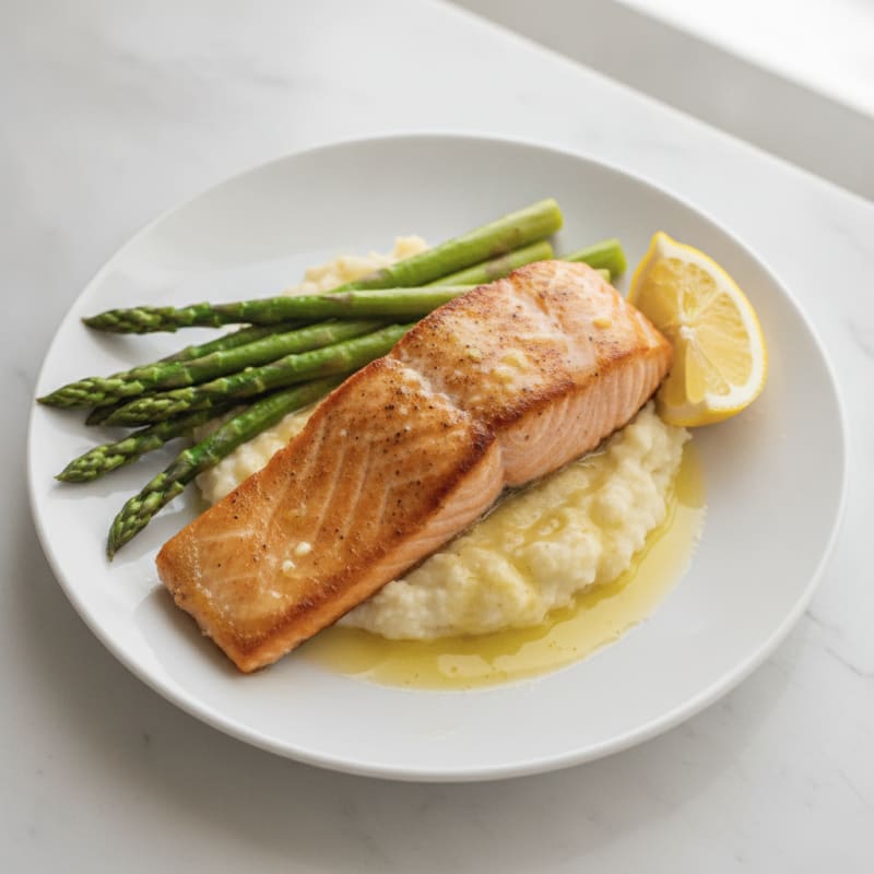 Seared Salmon Fillet with Steamed Asparagus and Garlic Cauliflower Mash