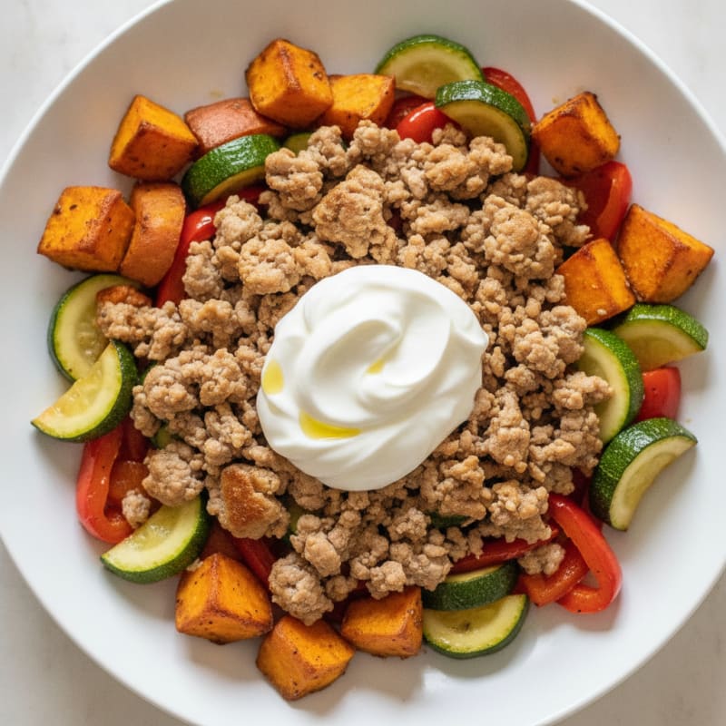 Ground Turkey and Roasted Vegetable Bowl