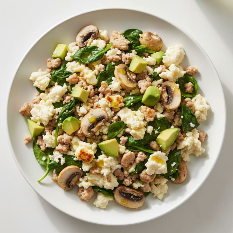 Egg White and Turkey Spinach Scramble with Sautéed Mushrooms
