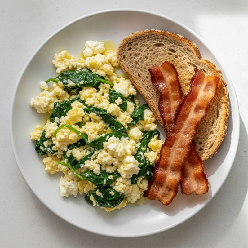 Cottage Cheese Egg Scramble with Spinach and Turkey Bacon