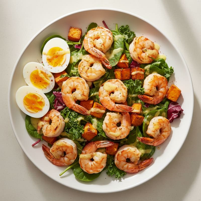 Grilled Shrimp Salad with Hard-Boiled Eggs and Sweet Potato Cubes