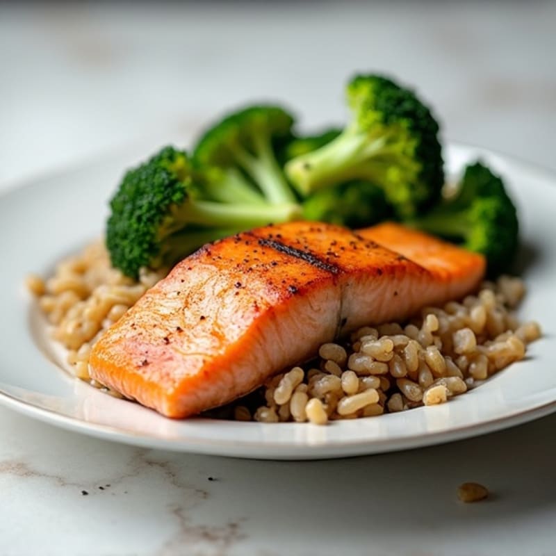 Seared Salmon with Steamed Broccoli and Brown Rice