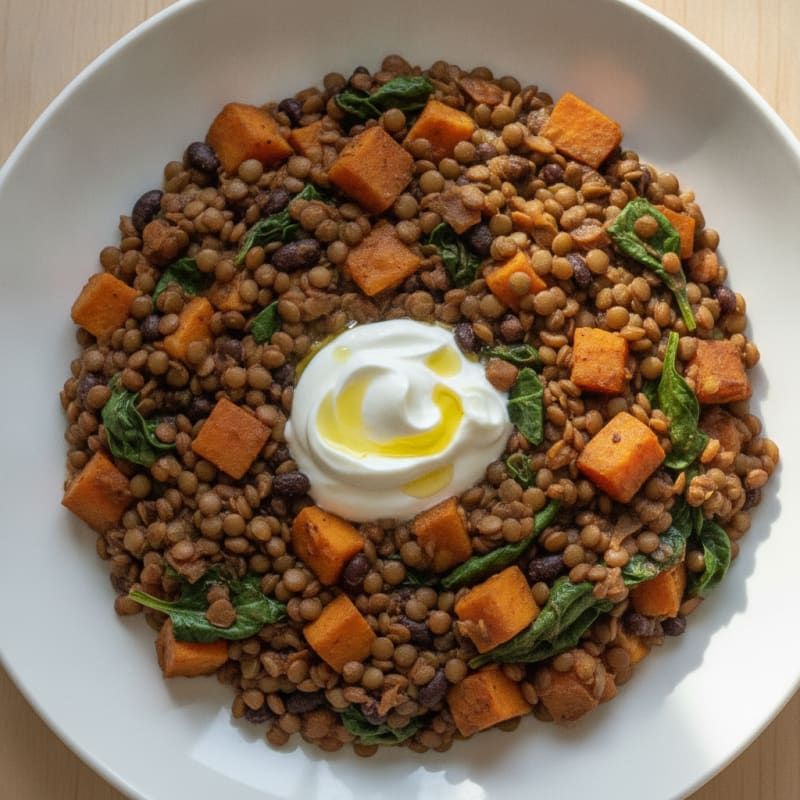 Lentil and Black Bean Stew with Spinach and Sweet Potato