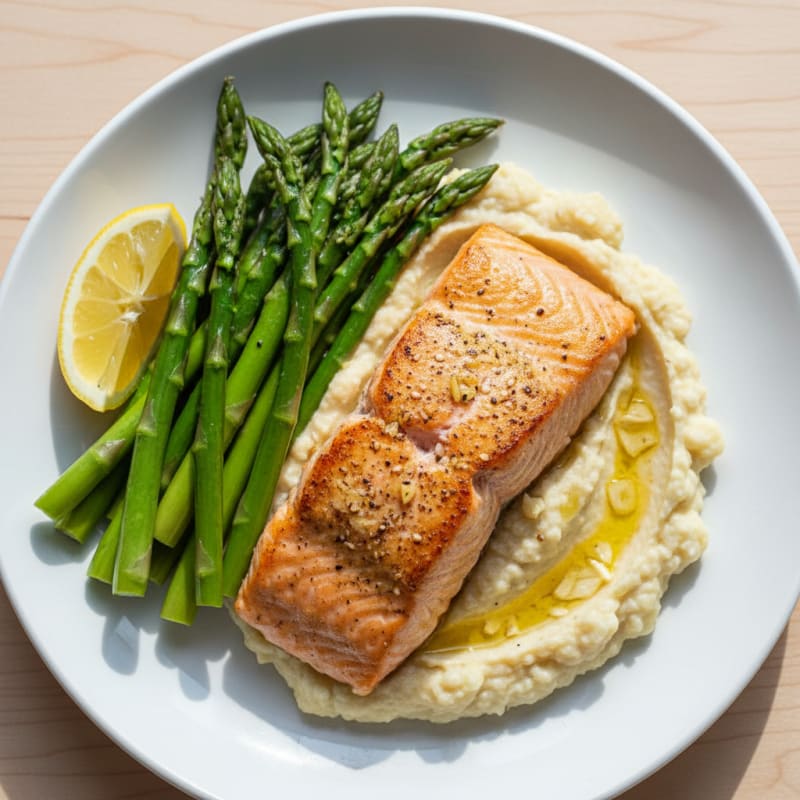 Seared Salmon with Steamed Asparagus and Cauliflower Mash
