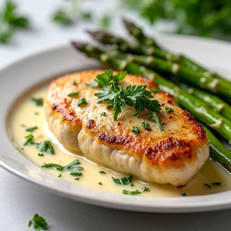 Creamy Garlic-Herb Pan-Seared Chicken with Crispy Roasted Asparagus