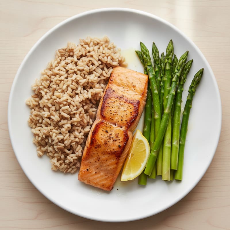 Seared Salmon with Steamed Asparagus and Brown Rice