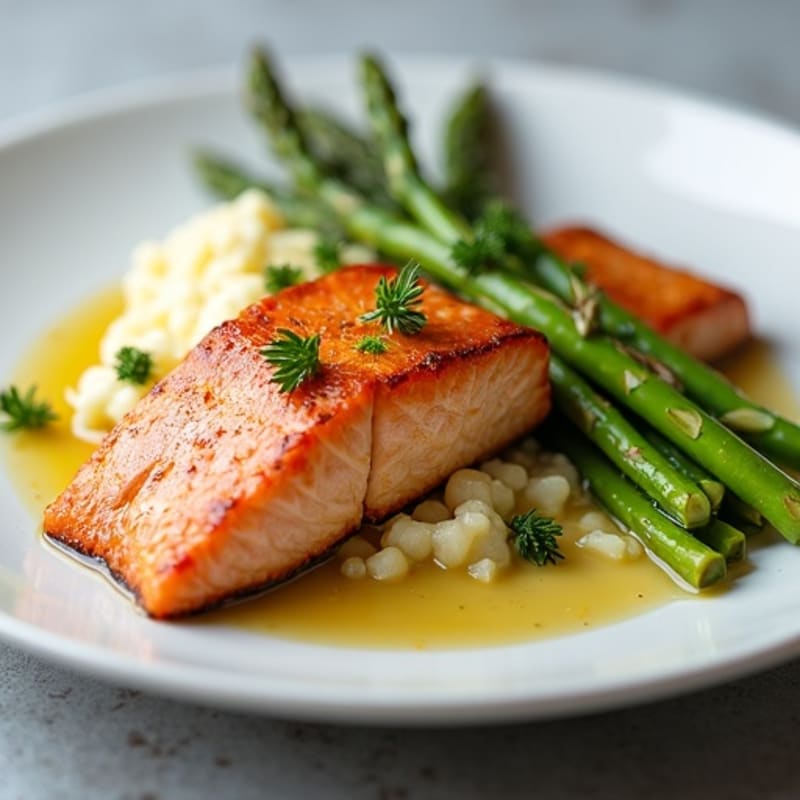 Pan-Seared Salmon with Steamed Asparagus and Cauliflower Mash