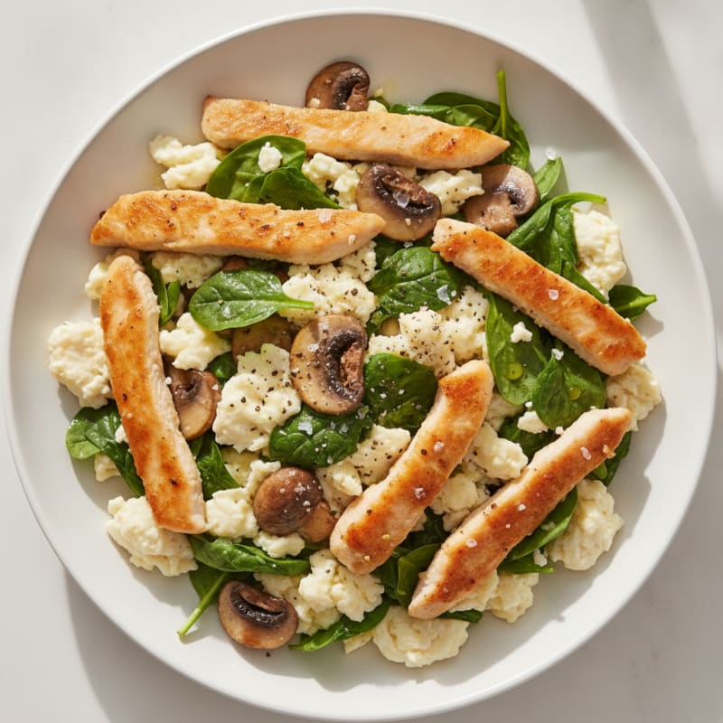 Egg White and Chicken Spinach Scramble with Sautéed Mushrooms