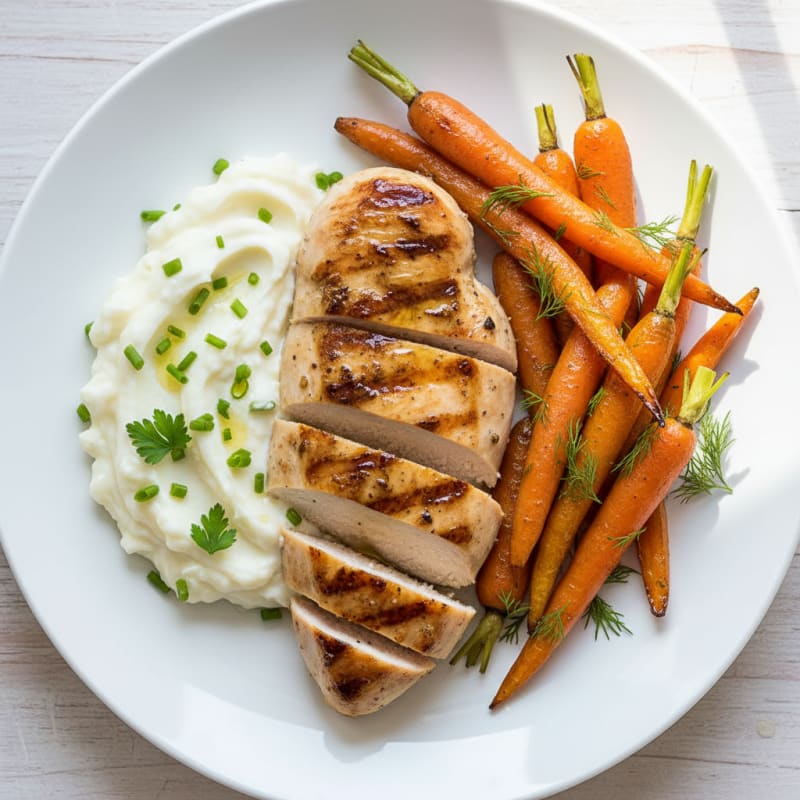 Grilled Chicken Breast with Roasted Carrots and Potato Mash