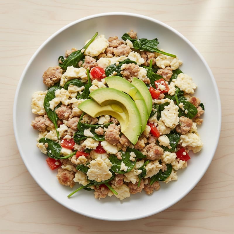 Egg White and Turkey Sausage Scramble with Sautéed Spinach