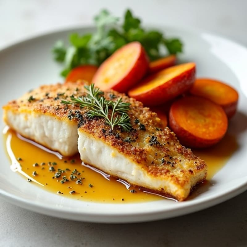 Herb-Crusted Haddock with Maple Roasted Sweet Potatoes