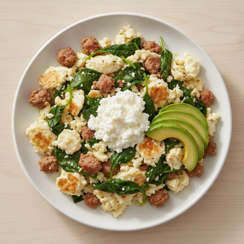 Egg White and Turkey Sausage Scramble with Cottage Cheese and Sautéed Spinach