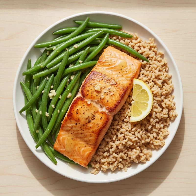 Seared Salmon with Garlic Green Beans and Brown Rice