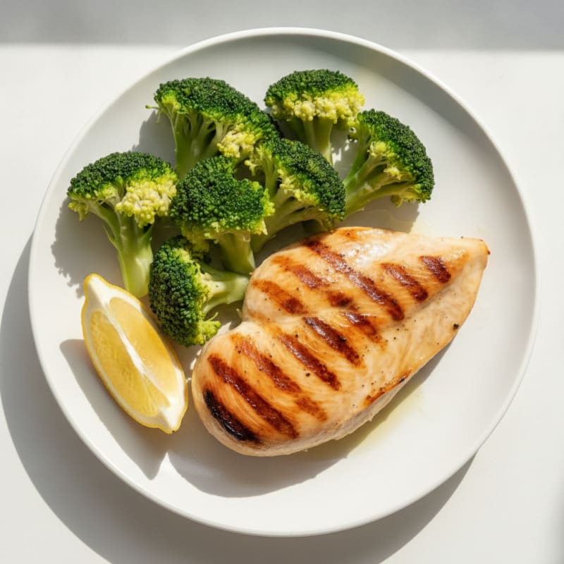 Grilled Chicken Breast with Steamed Broccoli and Lemon