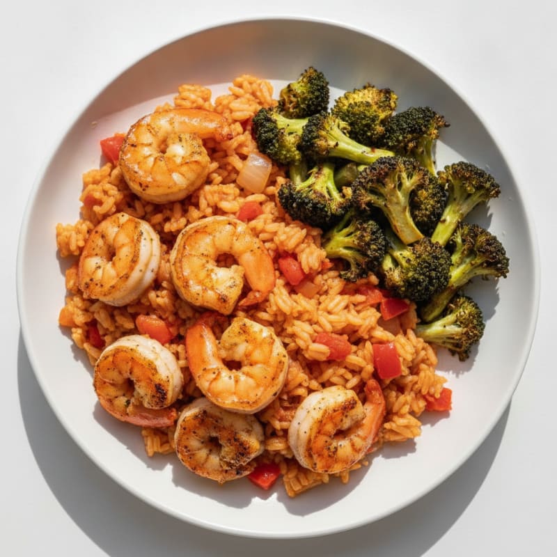 Seared Shrimp with Tomato Rice and Roasted Broccoli