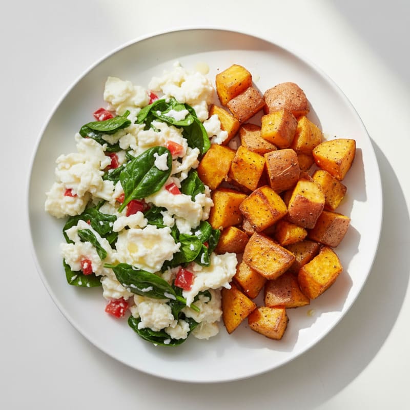 Egg White Scramble with Spinach and Roasted Sweet Potatoes