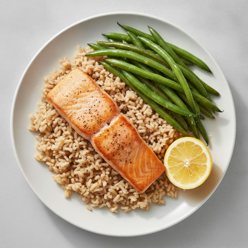 Seared Salmon Fillet with Steamed Green Beans and Brown Rice