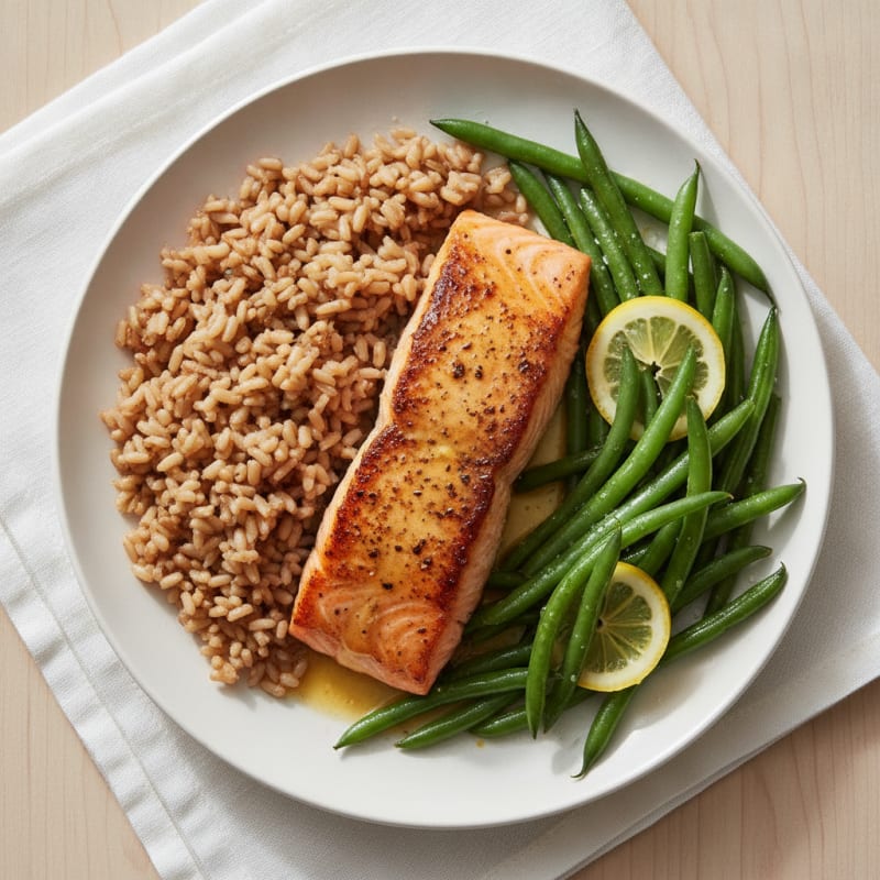 Seared Salmon with Steamed Green Beans and Brown Rice