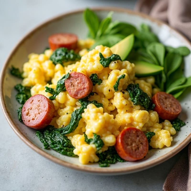 Egg White Scramble with Chicken Sausage and Sautéed Spinach