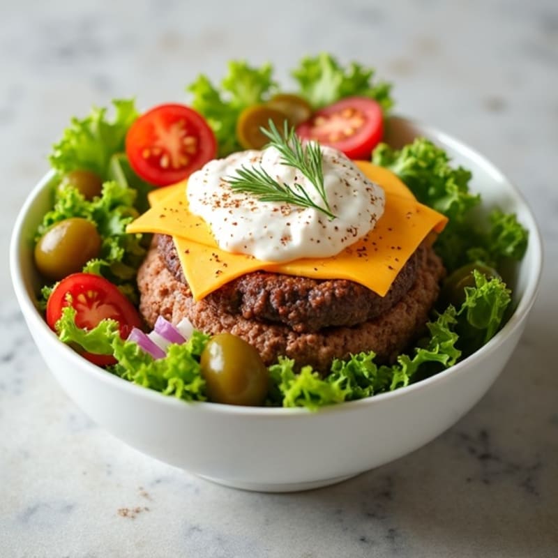 Lean Beef Cheeseburger Bowl with Fresh Toppings and Creamy Sauce