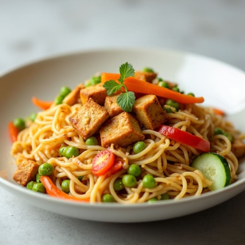 Creamy Peanut Noodles with Crispy Tofu and Fresh Vegetables