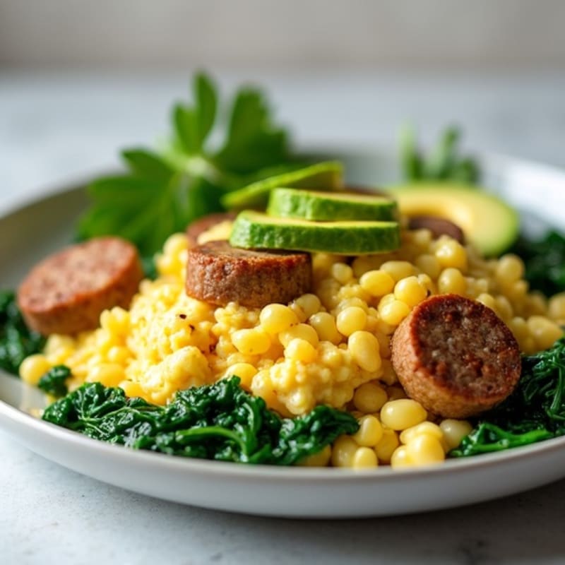 Egg White Scramble with Turkey Sausage and Sautéed Spinach
