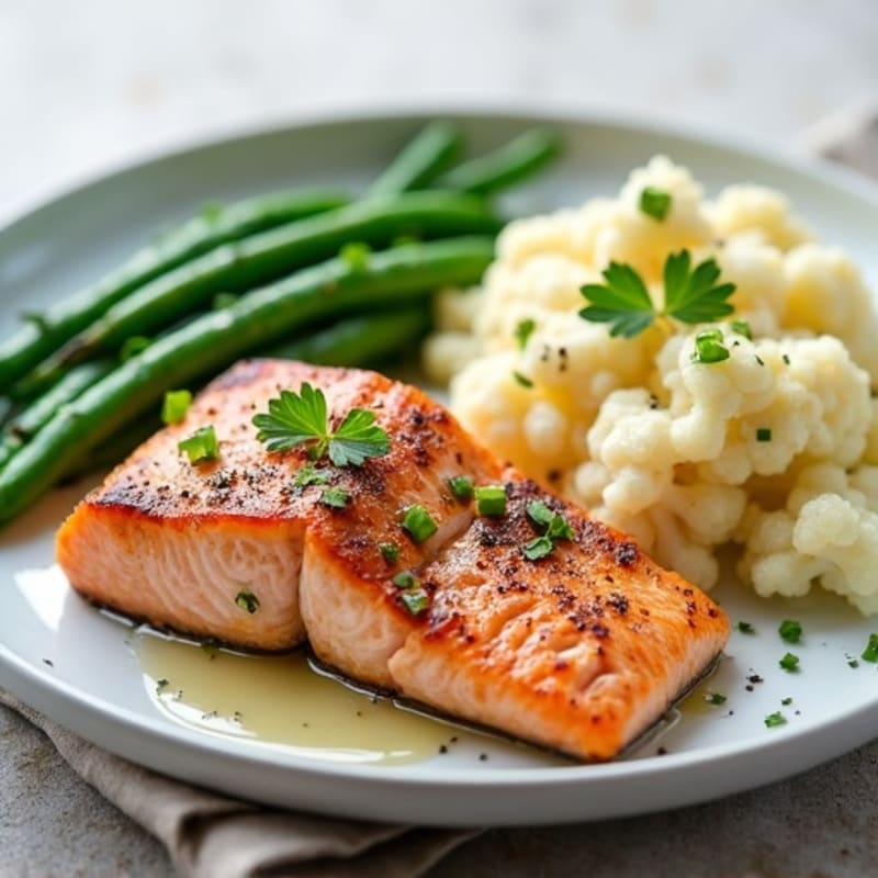 Seared Salmon with Garlic Green Beans and Mashed Cauliflower