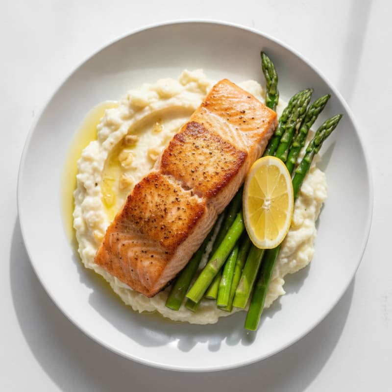 Seared Salmon with Steamed Asparagus and Garlic Cauliflower Mash
