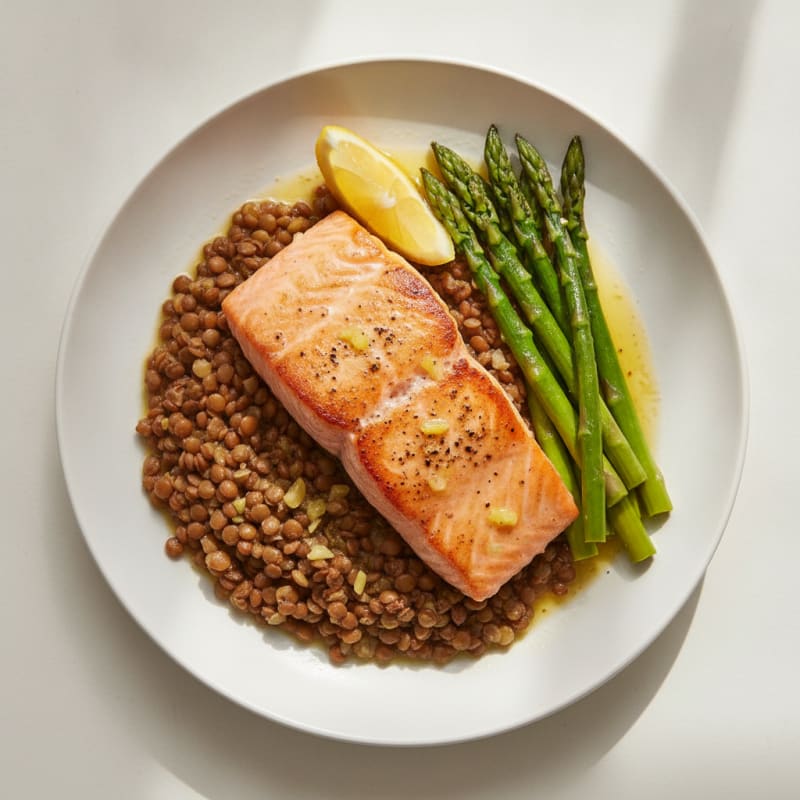 Seared Salmon Fillet with Steamed Asparagus and Lentil Mash