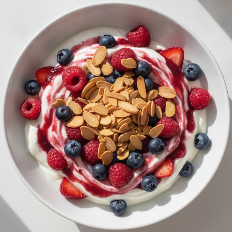 Greek Yogurt Protein Parfait with Mixed Berries and Almonds