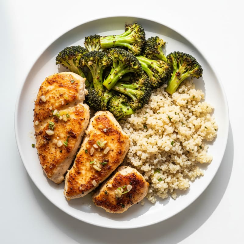 Seared Lemon Garlic Chicken Breast with Roasted Broccoli and Quinoa