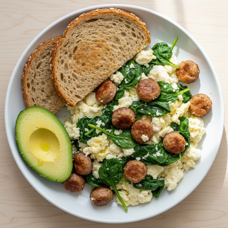 Egg White and Spinach Scramble with Turkey Sausage