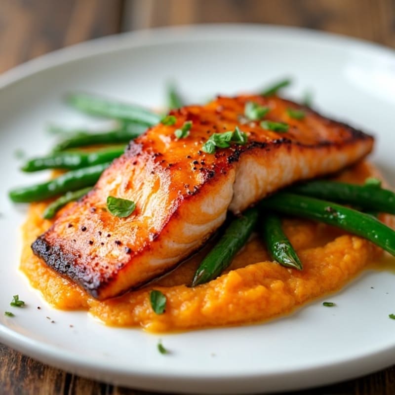 Crispy Maple-Glazed Salmon with Creamy Sweet Potato Puree and Roasted Green Beans