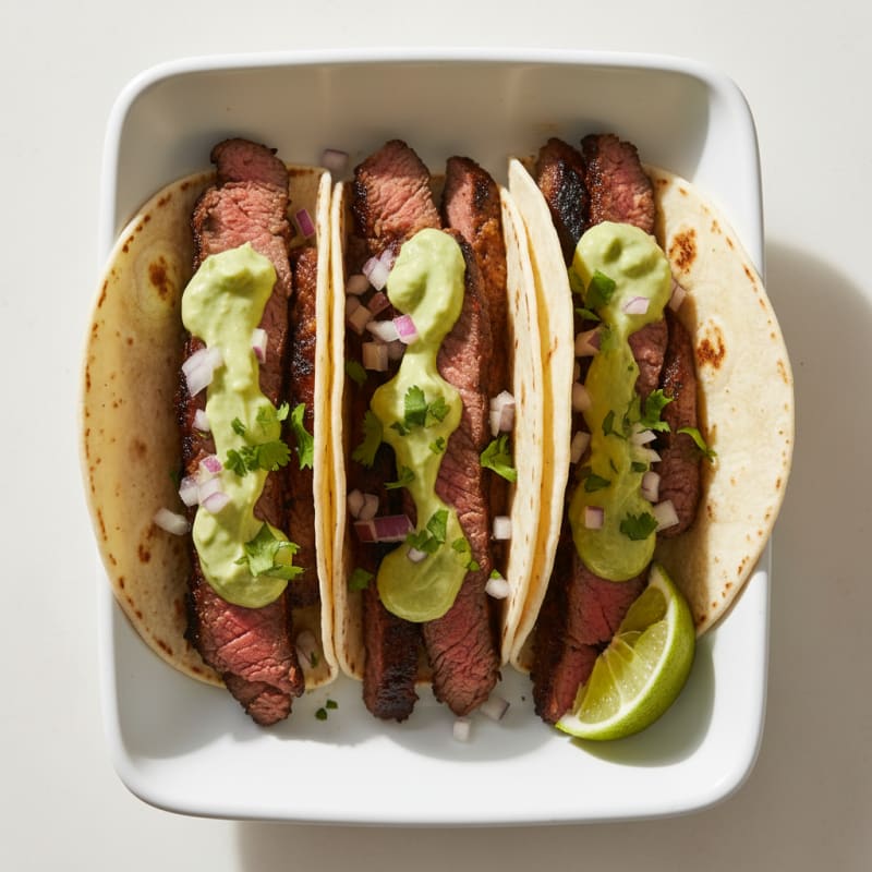 Carne Asada Tacos with Avocado Crema