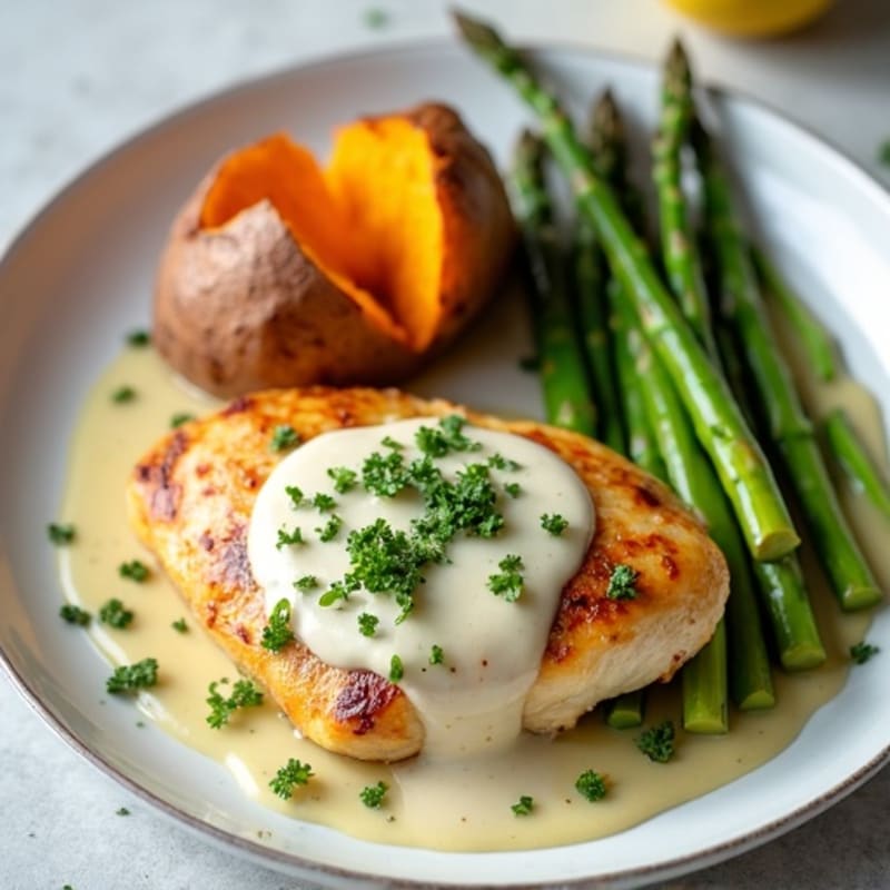 Creamy Lemon Herb Chicken with Roasted Asparagus and Sweet Potato