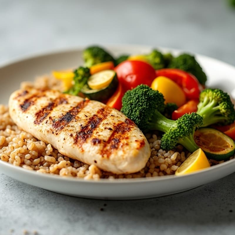 Grilled Chicken Breast with Roasted Mixed Veggies and Brown Rice