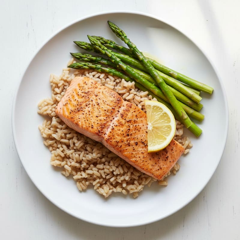 Seared Salmon Fillet with Steamed Asparagus and Brown Rice