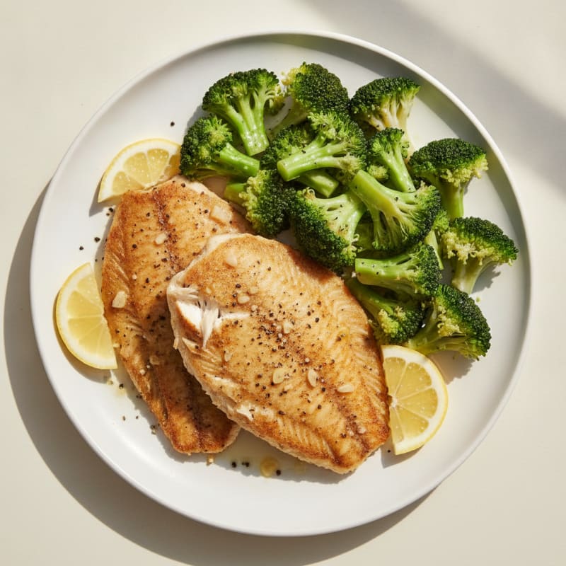 Seared Tilapia with Steamed Broccoli and Lemon