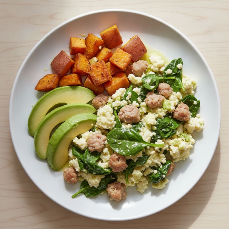 Egg White Scramble with Turkey Sausage and Spinach