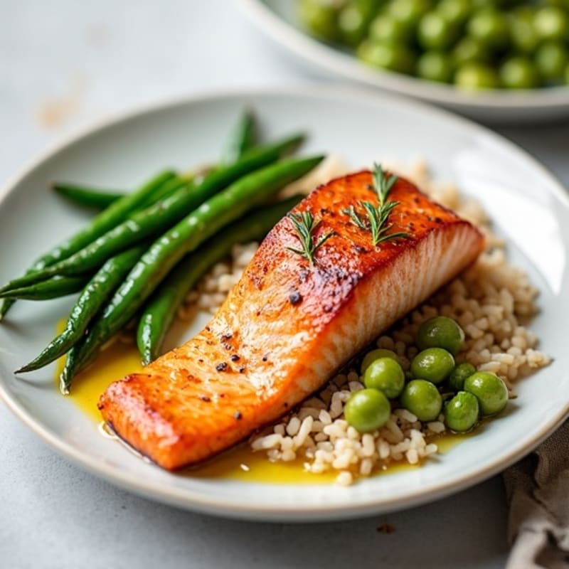 Seared Salmon with Garlic Green Beans and Brown Rice